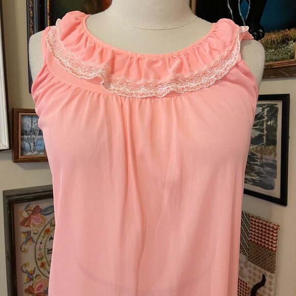 70s Vintage Pastel Orange Neon Nylon Sleeveless Nightgown with Lace Trim Size M - Picture 2 of 5